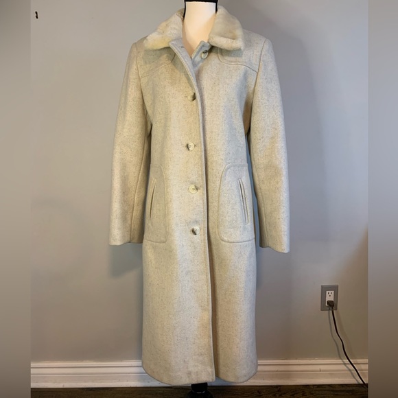 Vintage Ivory Women's Long Pea Coat Faux Fur Collar Single Breasted Lapel Size 8 - Picture 9 of 9